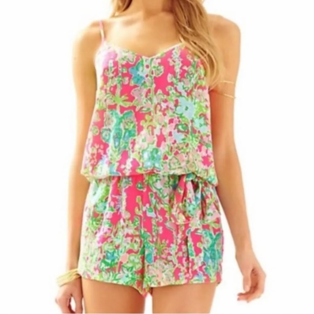 NO BELT- Lilly Pulitzer Deanna Romper Spaghetti Strap Southern Charm Floral Sz M